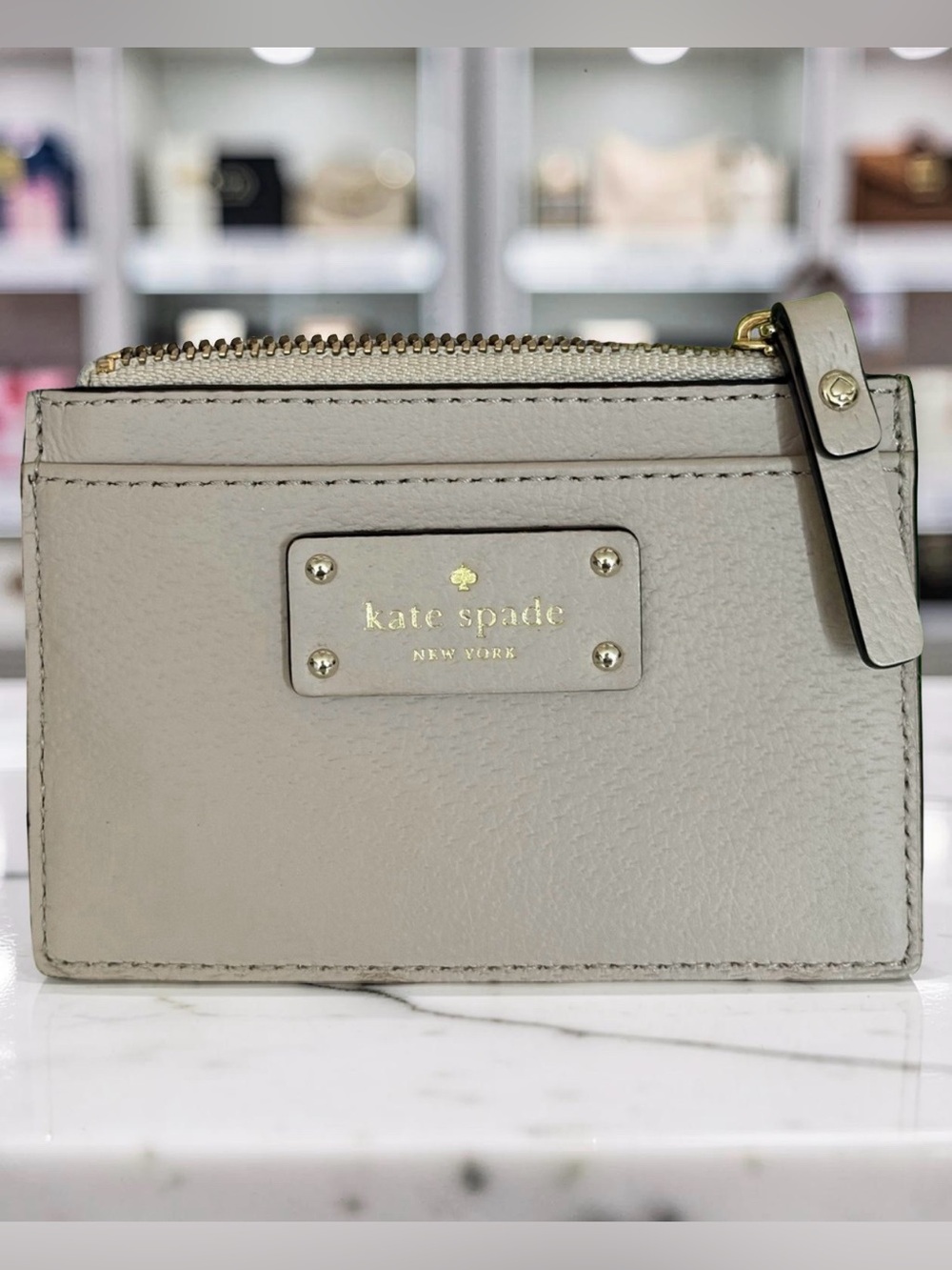 Kate Spade Gray Leather Zip Card Holder with Gold Logo